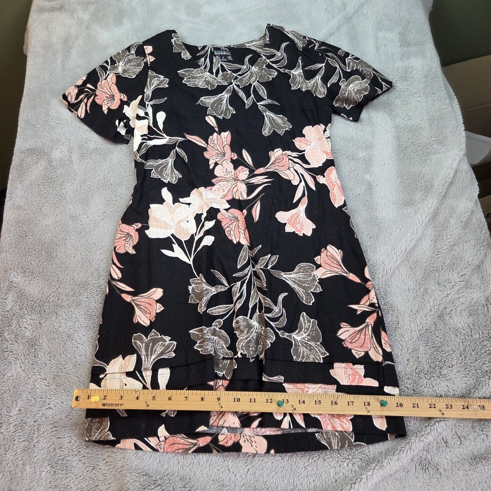 Nicole Miller Linen Floral Shift Dress Womens S Short Sleeve Tiered Hem Black
